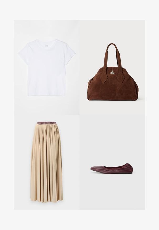 FRAME BABY TEE - Paprasti marškinėliai - white; Švelnaus smėlio spalvos klostuota maksi sijonas, su bordo spalvos elastine juosta, ant kurios pakartota žodis "SAVAITGALIS". Nėra matomų užsegimų.; Balerinai tamsiai burgundiško odos, su apvaliomis nosimis, elastingu kraštu ir lygiu paviršiumi, puošti subtiliais raukšlėmis.; Ruda zomšo rankinė su struktūrine forma, apvaliu kūnu ir pailgom rombo formos rankenom. Yra sidabro spalvos uždarymo mechanizmas.