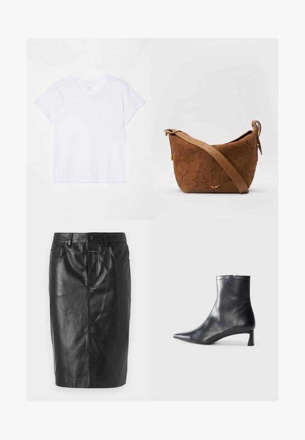 FRAME BABY TEE - Basic póló - white; Fekete bőr szoknya, testhezálló fazonban, középhosszú szabású, elől cipzárral és két zsebbel. Simára csiszolt textúra, látható varrási díszítésekkel.; Fekete bőr bokacsizma hegyes orral és letisztult dizájnnal. Alacsony sarka és hátsó cipzáras záródása van. Simának tűnő textúra.; Barna velúr válltáska, dombornyomott virágmintával, sima barna bőrpánttal és arany színű fém kiegészítőkkel.