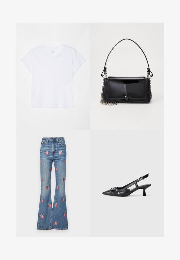 FRAME BABY TEE - Osnovna majica kratkih rukava - white; Izvijene traperice u svijetloplavoj boji, sa crvenim vezom jagoda po cijelom području. Visokog struka s tradicionalnim dizajnom od pet džepova.; Crne kožne cipele s remenom oko pete, s izduženim vrhom, dekorativnim trakama s metalnim rupama i niskom blok petom. Teksturirana površina.; Crna patentna kožna torba pravokutnog oblika, s lancem za nošenje i karakterističnim metalnim detaljem u središtu. Glatka tekstura.