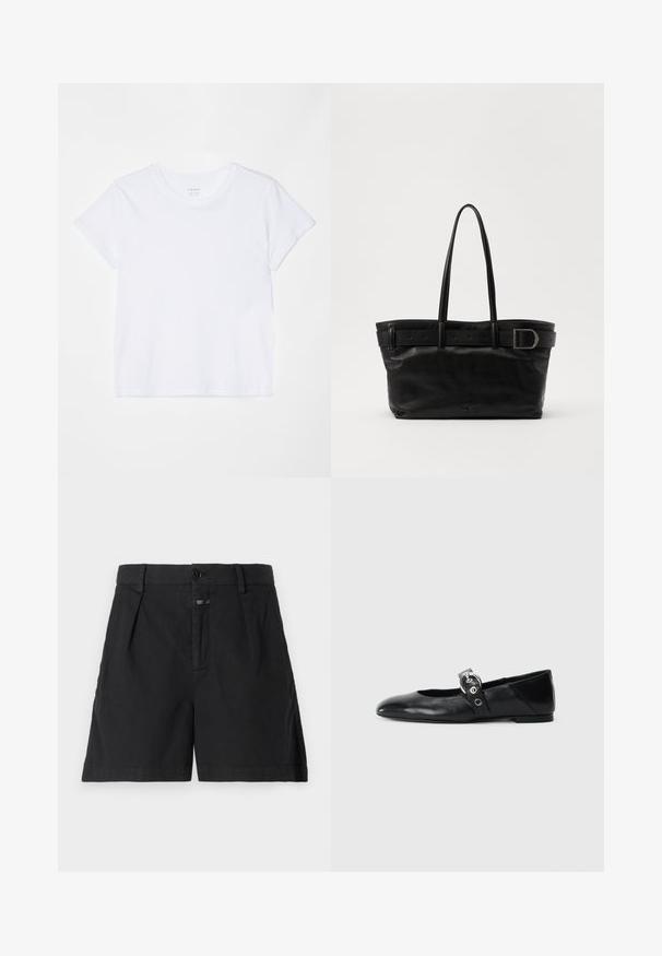 FRAME BABY TEE - Basic T-shirt - white; CLOSED REVYL - Denim shorts - black; Black leather ballet flats with a pointed toe, featuring a strap with a circular metallic buckle and a flat sole.; Black leather tote bag with two long handles, a smooth texture, and a wide strap featuring a buckle detail at the top.