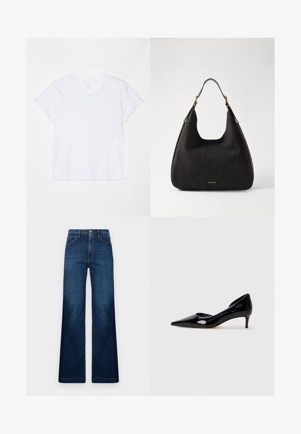 FRAME BABY TEE - Osnovna majica kratkih rukava - white; Sjedeće tamnoplave traperice širokih nogavica, s visokim strukom, prednjim džepovima i kontrastnim narančastim detaljima šivanja.; Ženske cipele na kitten heel s oštrim vrhom od crnog lakiranog kože, prikazane bočno na jednostavnoj svijetloj sivoj pozadini.; MICHAEL Michael Kors NOLITA HOBO  - Ručna torba - black