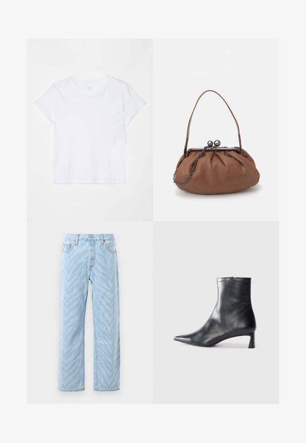 FRAME BABY TEE - Základné tričko - white; Svetlo modré rovné jeansy s jemným zebrovým pruhom, so zapínaním na gombík a zips, a dizajnom s piatimi vreckami.; Čierne kožené členkové topánky s špicatou špičkou a elegantným dizajnom. Majú nízky podpätok a zips na zadnej strane. Hladká textúra.; Hnedá kožená kabelka so zhrnutým dizajnom, krátkym koženým uchom a reťazovým popruhom. Obsahuje strieborný kovový zapínací mechanizmus s dvoma okrúhlymi akcentami.