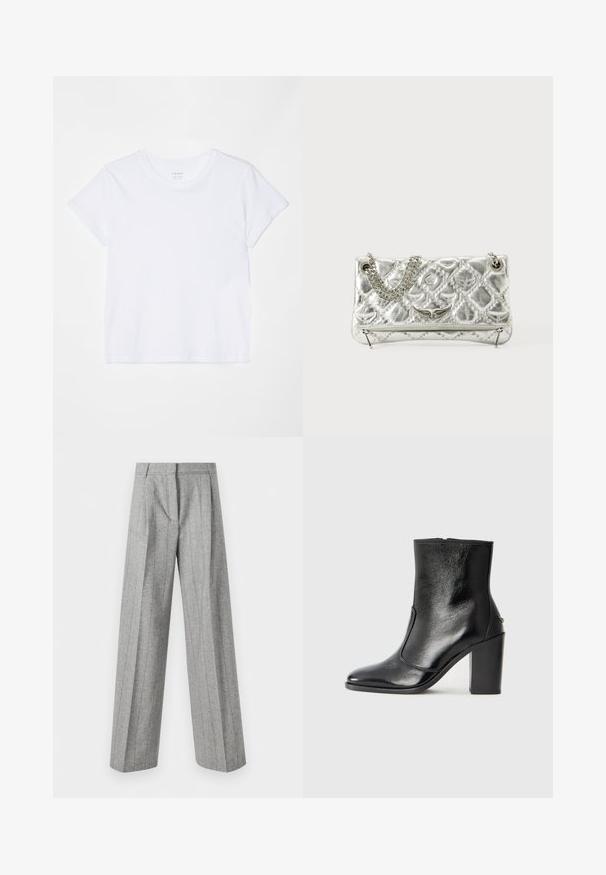 FRAME BABY TEE - T-shirts basic - white; Høj talje grå bukser med lodrette striber og brede lige ben, præsenteret mod en hvid baggrund.; Sorte læder ankelstøvler med en glat overflade, spids tå og en chunky høj hæl. Har en sidelukning og minimalistisk design.; Sølvmetallic håndtaske med kædehåndtag, quiltet tekstur, dekorativ syning og lynlås lukning. Har prægede detaljer på forsiden.