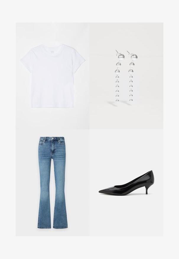 FRAME BABY TEE - Basic T-shirt - white; Flared denim jeans in light blue wash; features a high waist, stitched seams, and a slight fade at the bottom of the legs.; Black patent leather high heel shoe with a pointed toe and a low stiletto heel. Smooth texture and minimalist design, no visible patterns or accents.; Silver dangle earrings featuring a series of spherical beads, with alternating sizes. Polished finish with a sleek, modern design.