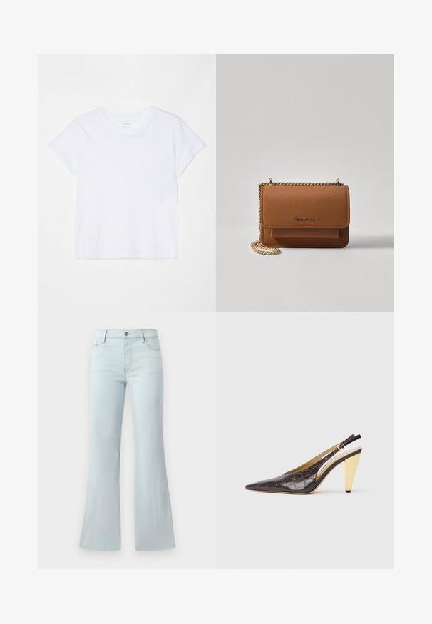 FRAME BABY TEE - T-shirts - white; Lys blå vide jeans laget av denim. Har en klassisk fem-lomme-design og en frontknapplukking. Glatt tekstur gjennom hele.; Spenne-punktet hæl i mørkebrun, blank faux krokodillelær. Har en gullfarge geometrisk hæl og justerbar ankelstropp.; Brun teksturert lær crossover-veske med gullkjede-stropp og klaffelukking. Fronten har logo-detalj og en lomme under klaffen.