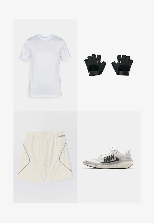 Nike Performance TEE NEW VENEER - Spordi T-särk - football grey/pure/white; Heledad hallhalli spordilühikesed püksid elastse vöökohaga, halli äärise ja küljetaskutega, millel on mustri kujundus. Valmistatud hingavast materjalist.; Valge jooksujalats, mille pealmine osa on võrkpind, suure musta "RUN" graafikaga, heledates hallides aktsentidega ning pehme tallaga, millel on "AIR 200M" bränding.; Mustad, sõrmikudeta treeningkindad reguleeritava randmepaelaga. Omaduseks tekstuuriga haare ja silmapaistev logo taga. Vastupidav materjal.