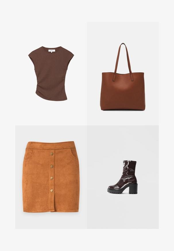 Rjava rebrasta kratka majica s nekoliko ukrivljenim robom. Mehka tekstura in sproščen fit, z okroglo izreznico in minimalnimi šivi.; Rjava zamakna mini krila s ravnim krojem, ki ima sprednji gumb za zapiranje, dva stranska žepa in subtilne šive.; Sijajan škrlatank z bleščečim videzom, z masivnim črnim peto, ki se ponaša z gladko teksturo in preprostim dizajnom. Brez vidnih zapenjal ali vzorcev.; Rjava usnjena torba z gladko teksturo, odprto zasnovo zgoraj in dvema naramnima trakovoma. Opremljena je z minimalnim šivanjem in brez vidnih kovinskih delov.