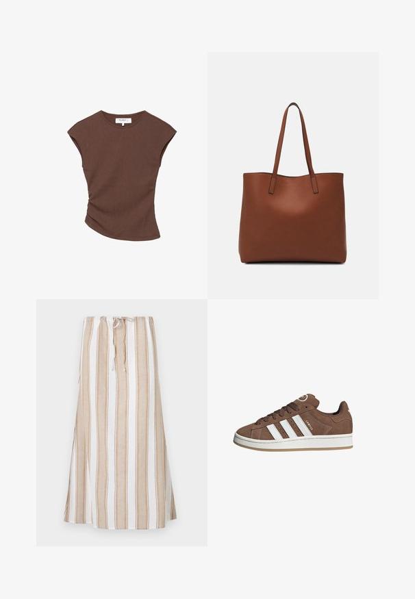 Ruskea ribbipintainen lyhythihainen paita, jossa on hieman kaareva helma. Pehmeä rakenne ja rento istuvuus, jossa on pyöreä pääntie ja vähäiset saumat.; Raidallinen hame valkoisena ja vaaleanruskeana, jossa on nyörikiinnitys vyötäröllä ja pitkä, valuva muoto. Valmistettu kevyestä kankaasta, joka on rento istuvuus.; Valkoiset nahkareunat ja ruskeat samettikankaiset tennarit, joissa on kumipohja, pyöreä kärki ja nauhakiinnitys edessä. Kengissä on logo kielekkeessä ja rei'itettyjä yksityiskohtia.; Ruskea nahkainen olkalaukku, jossa on sileä pinta, avoin yläosa ja kaksi olkahihnaa. Omaavat vain minimaalisen ompelun eikä näkyvää metalliosaa.