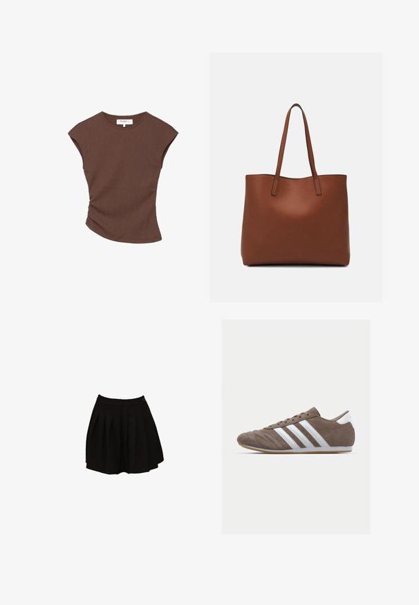 Bruine geribbelde t-shirt met korte mouwen en een licht gebogen zoom. Zachte textuur en een relaxte pasvorm, met een ronde halslijn en minimale naden.; Zwarte geplooide rok met een aansluitende tailleband en een enkele knoopdetail. De stof lijkt glad en lichtgewicht, ontworpen voor een uitlopende silhoutte.; Bruine suède sportschoen met witte strepen, ronde neus, vetersluiting en gumrubberen zool. Gestructureerde bovenkant met stikseldetails.; Bruine leren tote bag met een gladde textuur, een ontwerp met een open bovenkant en twee schouderbanden. Kenmerkt zich door minimale stiksels en geen zichtbare hardware.