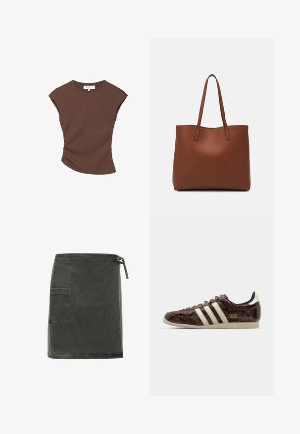 Bruine geribbelde t-shirt met korte mouwen en een licht gebogen zoom. Zachte textuur en een relaxte pasvorm, met een ronde halslijn en minimale naden.; Grijze spijkerrok met een rechte snit, zijzak en verstelbare striksluiting in de taille. Beschikt over een zachte textuur en een minimalistisch ontwerp.; adidas Originals JAPAN - Sneakers laag - preloved brown/cream white/core black; Bruine leren tote bag met een gladde textuur, een ontwerp met een open bovenkant en twee schouderbanden. Kenmerkt zich door minimale stiksels en geen zichtbare hardware.