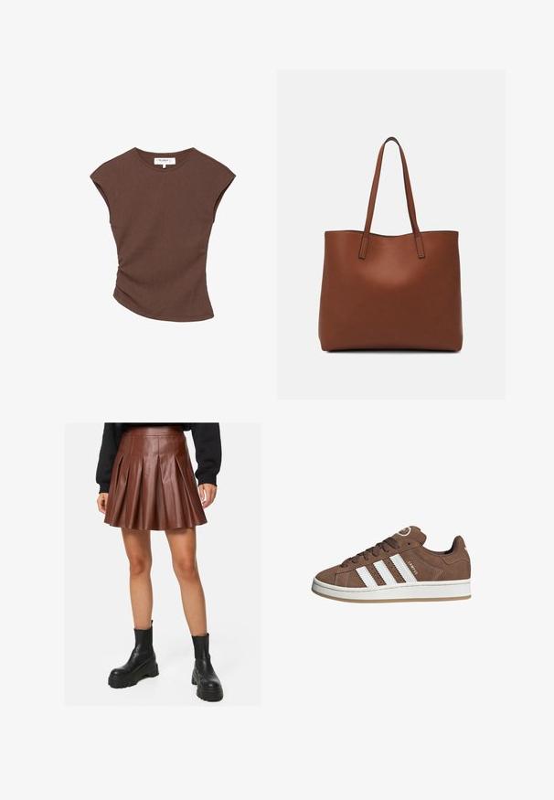Braun geripptes kurzärmliges Oberteil mit leicht geschwungenem Saum. Weiche Textur und lässige Passform, mit rundem Halsausschnitt und minimalen Nähten.; Brauner, plissierter Rock aus Kunstleder mit einem taillierten Bund, schichtweise gestaltet und glatter Textur, kombiniert mit schwarzen klobigen Knöchelschuhen.; Braune Wildledersneaker mit weißen Lederstreifen, Gummisohle, gerundetem Zehenbereich und Schnürung. Mit einem Logo auf der Zunge und perforierten Akzenten.; Braune Leder-Tote mit glatter Textur, offenem Oberteil und zwei Schulterriemen. Verfügt über minimale Nähte und keine sichtbaren Beschläge.