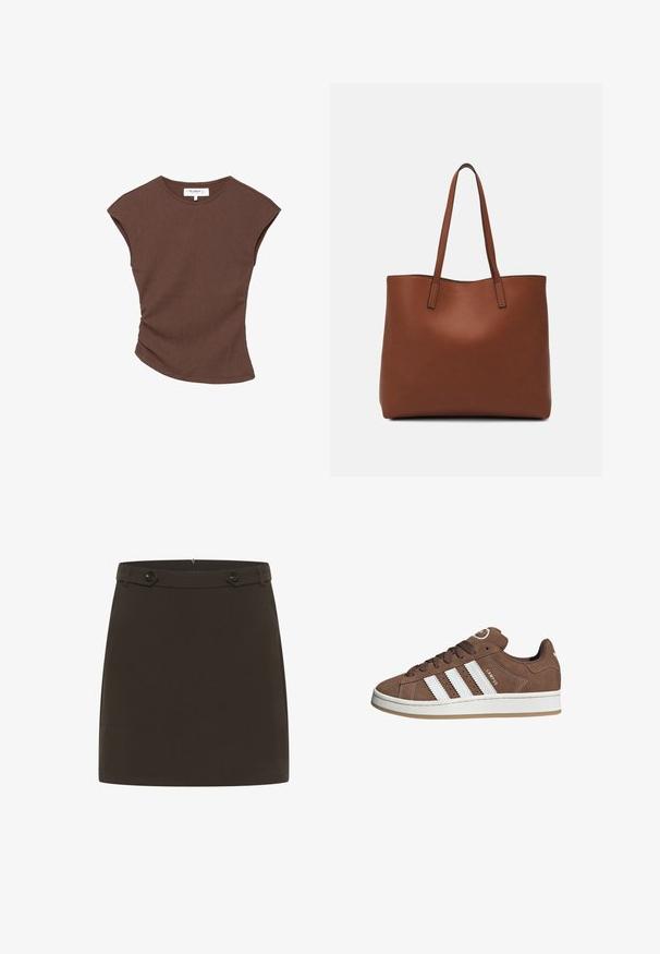 Smeđi rebrasti top kratkih rukava s lagano zakrivljenim rubom. Mekana tekstura i opušteni kroj, s okruglim izrezom i minimalnim šavovima.; Smeđi mini suknja od glatkog materijala. Ima prilagođeni struk s dva dugmeta sprijeda. Jednostavan dizajn, bez uzoraka ili dodatnih akcenata.; Smeđe nubuk tenisice s bijelim kožnim prugama, gumeni potplat, okrugli nos i vezanje sprijeda. Imaju logo na jeziku i perforirane detalje.; Smeđa kožna torba preko ramena s glatkom teksturom, otvorenim vrhom i dvjema naramenicama. Ima minimalne šavove i nema vidljivog hardvera.