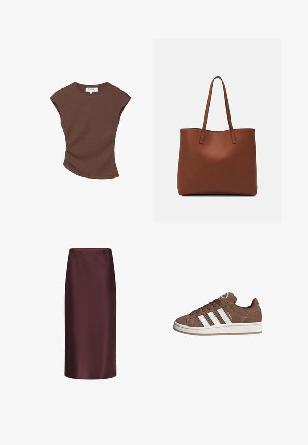 Braun geripptes kurzärmliges Oberteil mit leicht geschwungenem Saum. Weiche Textur und lässige Passform, mit rundem Halsausschnitt und minimalen Nähten.; Bordeaux-satiniert Bleistiftrock mit glatter Textur, mittellangem Design und taillierter Silhouette, die einen subtilen Glanz aufweist.; Braune Wildledersneaker mit weißen Lederstreifen, Gummisohle, gerundetem Zehenbereich und Schnürung. Mit einem Logo auf der Zunge und perforierten Akzenten.; Braune Leder-Tote mit glatter Textur, offenem Oberteil und zwei Schulterriemen. Verfügt über minimale Nähte und keine sichtbaren Beschläge.