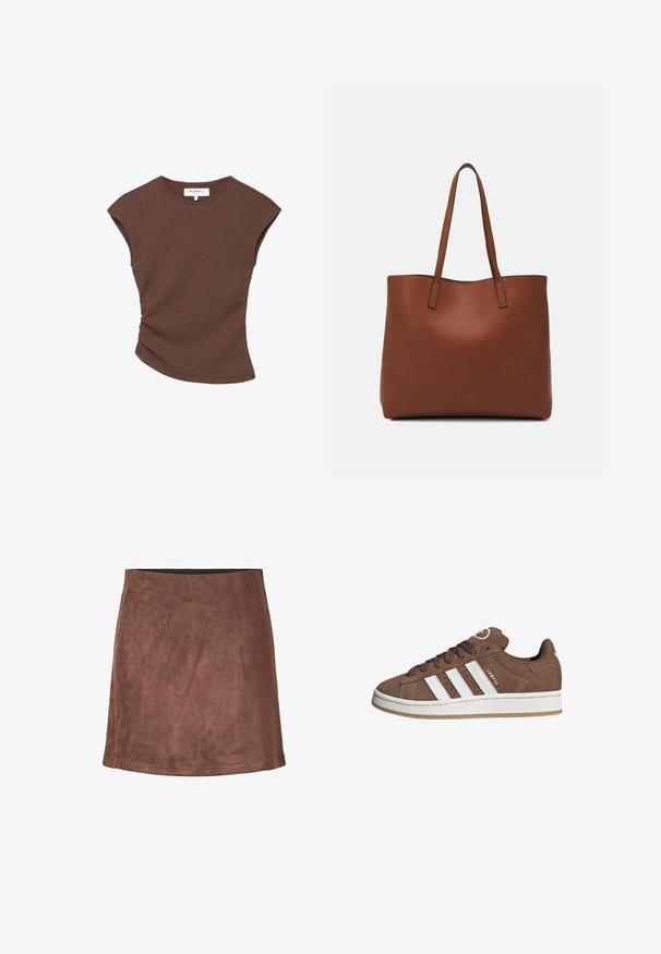 Ruskea ribbipintainen lyhythihainen paita, jossa on hieman kaareva helma. Pehmeä rakenne ja rento istuvuus, jossa on pyöreä pääntie ja vähäiset saumat.; Ruskea mokkanahkainen mini-hame, jossa on sileä pinta, istuva vyötärö ja suora helma. Yksinkertainen muotoilu ilman näkyviä kiinnityksiä tai kuvioita.; Valkoiset nahkareunat ja ruskeat samettikankaiset tennarit, joissa on kumipohja, pyöreä kärki ja nauhakiinnitys edessä. Kengissä on logo kielekkeessä ja rei'itettyjä yksityiskohtia.; Ruskea nahkainen olkalaukku, jossa on sileä pinta, avoin yläosa ja kaksi olkahihnaa. Omaavat vain minimaalisen ompelun eikä näkyvää metalliosaa.