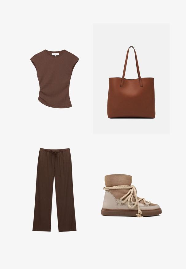 Top corto a maniche corte marrone a coste con orlo leggermente curvato. Texture morbida e vestibilità rilassata, presenta un collo rotondo e cuciture minime.; Pantaloni larghi marroni realizzati in tessuto morbido, con vita elastica e cordoncino, e due tasche laterali.; Stivaletti alla caviglia in suede e pelle beige con punta rotonda, caratterizzati da una tomaia testurizzata, spesse stringhe di corda intrecciata e suola in gomma.; Borsa tote in pelle marrone con texture liscia, design con apertura superiore e due spallacci. Presenta cuciture minime e nessun hardware visibile.