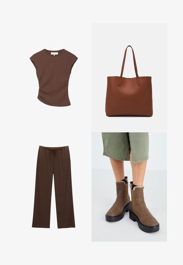 Smeđi rebrasti top kratkih rukava s lagano zakrivljenim rubom. Mekana tekstura i opušteni kroj, s okruglim izrezom i minimalnim šavovima.; Smeđe široke hlače izrađene od mekanog materijala, s elastikom u struku i vezicom te dva bočna džepa.; Smeđe kožne gležnjače s gumenom potplatom, mekim podstavom i elastičnim bočnim umetkom. Imaju nizak blok petu i glatku teksturu.; Smeđa kožna torba preko ramena s glatkom teksturom, otvorenim vrhom i dvjema naramenicama. Ima minimalne šavove i nema vidljivog hardvera.