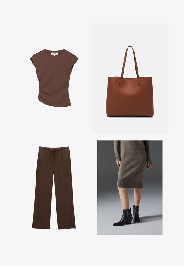 Ruskea ribbipintainen lyhythihainen paita, jossa on hieman kaareva helma. Pehmeä rakenne ja rento istuvuus, jossa on pyöreä pääntie ja vähäiset saumat.; Ruske leve široke hlače izdelane iz mehkega materiala, z elastičnim pasom in vrvico ter dvema stranskima žepoma.; Musta nahkasaappaat nilkkapituisella, teräväkärkisellä muodolla, paksulla korolla ja sahalaitapistokkeilla, yhdistettynä ribatutuun ruskeaan neulemekkoon.; Ruskea nahkainen olkalaukku, jossa on sileä pinta, avoin yläosa ja kaksi olkahihnaa. Omaavat vain minimaalisen ompelun eikä näkyvää metalliosaa.