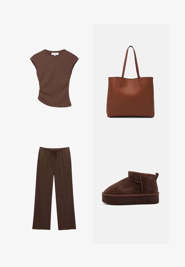 Barna bordázott, rövid ujjú felső enyhén ívelt szegéllyel. Puha tapintású és laza fazonú, kerek nyakkivágással és minimális varrásokkal.; Barna, bőszárú nadrág, puha anyagból készülve, rugalmas derékkal és húzózárral, valamint két oldalsó zsebbel.; Barna velúr bokacsizma lekerekített orral, puha tapintással és vastag talppal. Finom varrási részletekkel és hátsó húzófüllel rendelkezik.; Barna bőr vászontáska sima textúrával, nyitott tetejű dizájnnal és két vállpánttal. Minimális varrással és látható hardver nélkül készült.