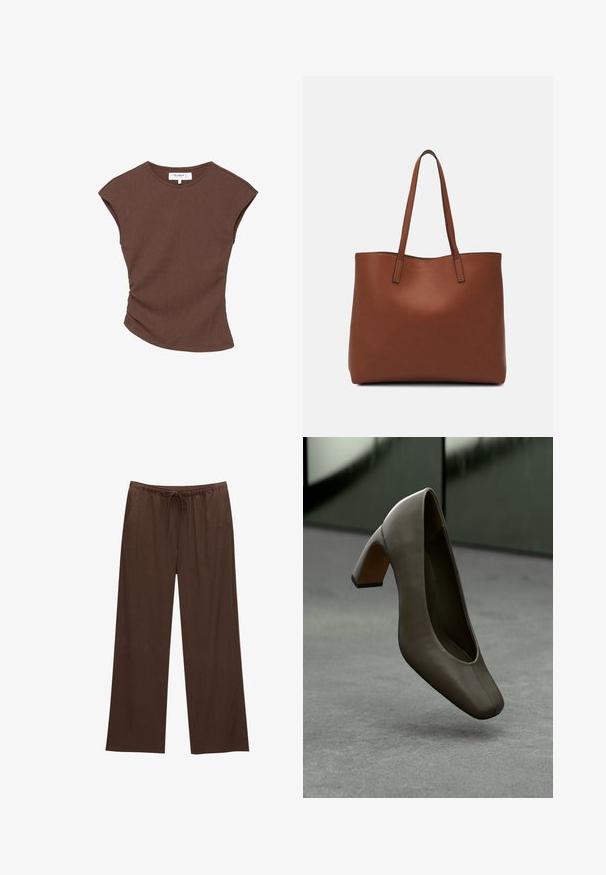 Top corto a maniche corte marrone a coste con orlo leggermente curvato. Texture morbida e vestibilità rilassata, presenta un collo rotondo e cuciture minime.; Pantaloni larghi marroni realizzati in tessuto morbido, con vita elastica e cordoncino, e due tasche laterali.; Scarpa con tacco alto in pelle verde oliva scuro, con punta quadrata e tacco a blocco, sospesa sopra un pavimento in cemento grigio con uno sfondo verde sfocato.; Borsa tote in pelle marrone con texture liscia, design con apertura superiore e due spallacci. Presenta cuciture minime e nessun hardware visibile.