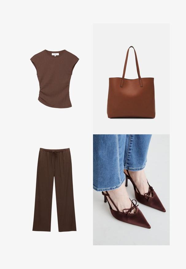 Rjava rebrasta kratka majica s nekoliko ukrivljenim robom. Mehka tekstura in sproščen fit, z okroglo izreznico in minimalnimi šivi.; Rjave široke hlače iz mehkega materiala, z elastičnim pasom in vrvico za zategovanje ter dvema stranskima žepoma.; Simmi London KLARA - Visoke pete - chocolate; Rjava usnjena torba z gladko teksturo, odprto zasnovo zgoraj in dvema naramnima trakovoma. Opremljena je z minimalnim šivanjem in brez vidnih kovinskih delov.