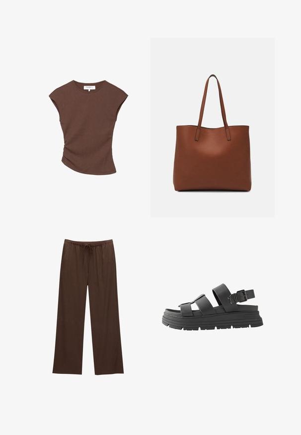 Braun geripptes kurzärmliges Oberteil mit leicht geschwungenem Saum. Weiche Textur und lässige Passform, mit rundem Halsausschnitt und minimalen Nähten.; Braune weite Hosen aus weichem Stoff, mit einem elastischen Bund und Kordelzug sowie zwei Seitentaschen.; Schwarze Plateausandalen mit zwei verstellbaren Riemen und einer Schnalle. Hergestellt aus glattem Leder mit einer strukturierten Gummisohle.; Braune Leder-Tote mit glatter Textur, offenem Oberteil und zwei Schulterriemen. Verfügt über minimale Nähte und keine sichtbaren Beschläge.