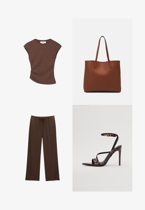 Ruskea ribbipintainen lyhythihainen paita, jossa on hieman kaareva helma. Pehmeä rakenne ja rento istuvuus, jossa on pyöreä pääntie ja vähäiset saumat.; Ruske leve široke hlače izdelane iz mehkega materiala, z elastičnim pasom in vrvico ter dvema stranskima žepoma.; Burgundy patentoitu nahkainen korkokenkä, jossa on nilkkaremmi, teräväkärkinen muotoilu ja kolme vaakaista remmiä jalkaterän yli. Kultaiseen sävyyn viimeistelty solki.; Ruskea nahkainen olkalaukku, jossa on sileä pinta, avoin yläosa ja kaksi olkahihnaa. Omaavat vain minimaalisen ompelun eikä näkyvää metalliosaa.