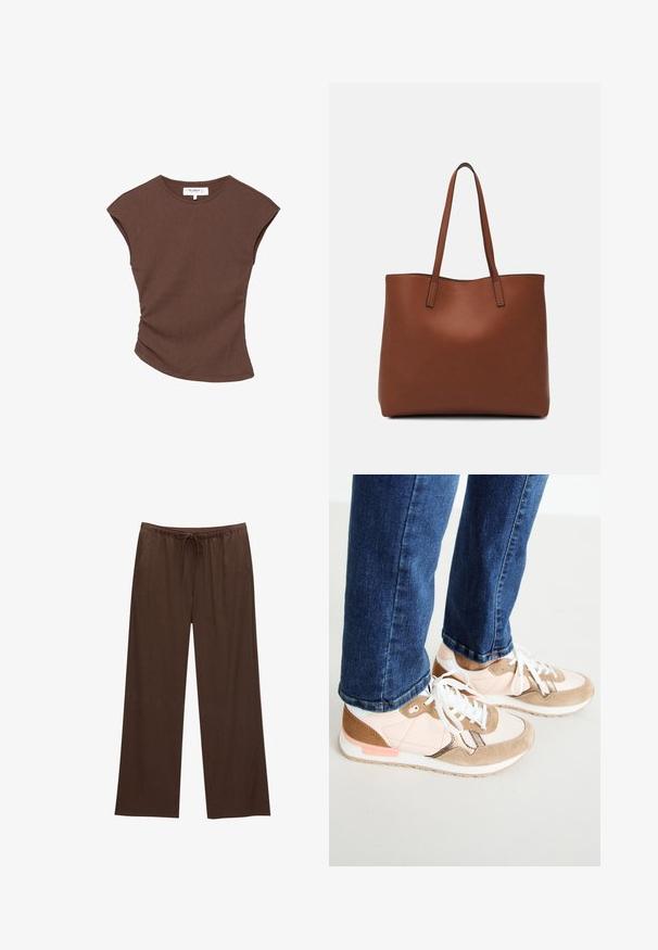 Brun ribbad kortärmad topp med en lätt rundad nederkant. Mjuk textur och avslappnad passform, med rund halsringning och minimala sömmar.; Bruna vida byxor i mjukt tyg, med resårmidja och dragsko samt två sidofickor.; Sneakers i en blandning av blushrosa läder och beige mocka, med vita snören, en vit mellansula och en texturerad gummisula. Denimjeans är något kortare ovanför skon.; Brun läder tote-väska med en slät textur, öppen toppdesign och två axelremmar. Har minimal söm och ingen synlig metalldetalj.