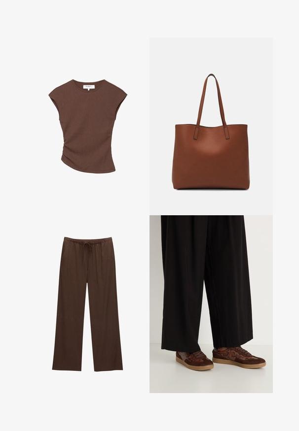 Smeđi rebrasti top kratkih rukava s lagano zakrivljenim rubom. Mekana tekstura i opušteni kroj, s okruglim izrezom i minimalnim šavovima.; Smeđe široke hlače izrađene od mekanog materijala, s elastikom u struku i vezicom te dva bočna džepa.; Smeđe tenisice s mješovitom materijalnom konstrukcijom koja kombinira suède i akcentne detalje u uzorku zmijske kože, okrugli vrh, vezanje uz pomoć pertli i teksturirane gumene potplate.; Smeđa kožna torba preko ramena s glatkom teksturom, otvorenim vrhom i dvjema naramenicama. Ima minimalne šavove i nema vidljivog hardvera.