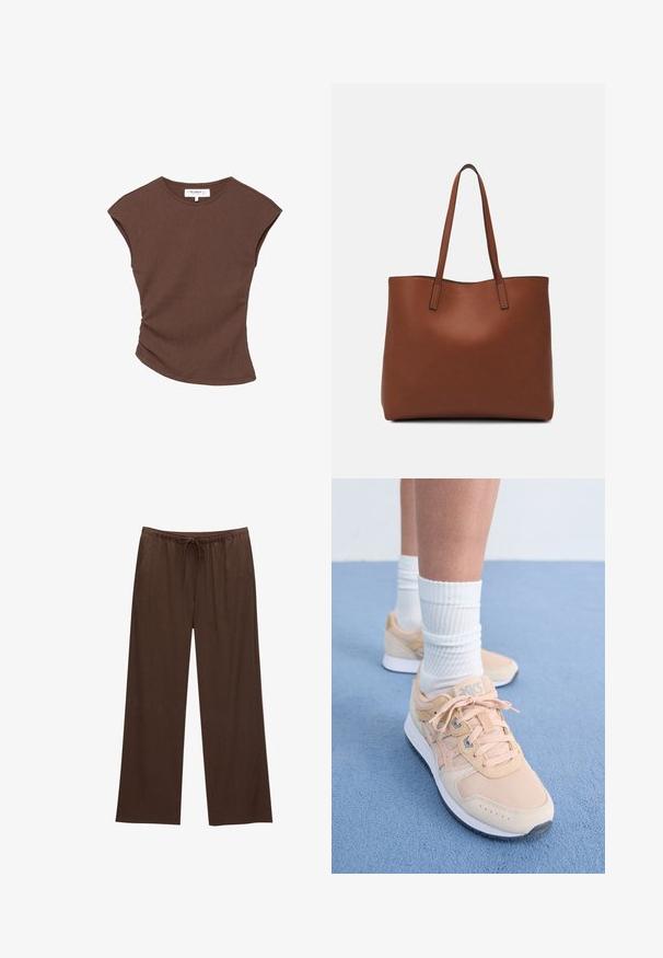 Barna bordázott, rövid ujjú felső enyhén ívelt szegéllyel. Puha tapintású és laza fazonú, kerek nyakkivágással és minimális varrásokkal.; Barna, bőszárú nadrág, puha anyagból készülve, rugalmas derékkal és húzózárral, valamint két oldalsó zsebbel.; Világos barack színű sportcipők textil felsőrésszel, fehér gumitalppal és fűzős kialakítással. Csíkos fehér zoknikkal párosítva, kék felületen elhelyezve.; Barna bőr vászontáska sima textúrával, nyitott tetejű dizájnnal és két vállpánttal. Minimális varrással és látható hardver nélkül készült.