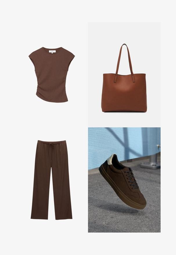Barna bordázott, rövid ujjú felső enyhén ívelt szegéllyel. Puha tapintású és laza fazonú, kerek nyakkivágással és minimális varrásokkal.; Barna, bőszárú nadrág, puha anyagból készülve, rugalmas derékkal és húzózárral, valamint két oldalsó zsebbel.; Barna velúr alacsony szárú sportcipők fekete fűzőkkel, fehér sarokrészzel és texturált varrási részletekkel. Gumi talp.; Barna bőr vászontáska sima textúrával, nyitott tetejű dizájnnal és két vállpánttal. Minimális varrással és látható hardver nélkül készült.