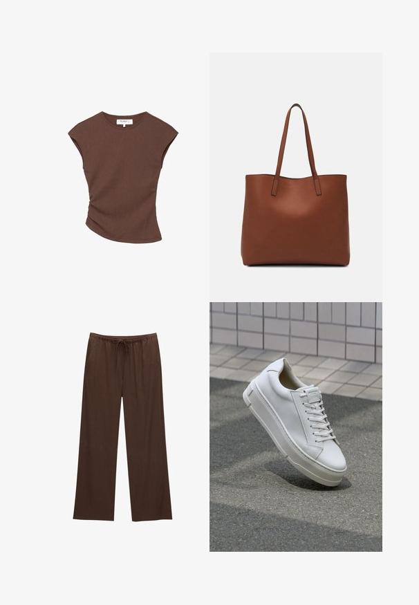Braun geripptes kurzärmliges Oberteil mit leicht geschwungenem Saum. Weiche Textur und lässige Passform, mit rundem Halsausschnitt und minimalen Nähten.; Braune weite Hosen aus weichem Stoff, mit einem elastischen Bund und Kordelzug sowie zwei Seitentaschen.; Weiße Leder-Sneaker mit einem Low-Top-Design, flachen Schnürsenkeln, runder Zehenform und strukturierten Seiten. Dicke Gummisohle mit dezenten Akzenten.; Braune Leder-Tote mit glatter Textur, offenem Oberteil und zwei Schulterriemen. Verfügt über minimale Nähte und keine sichtbaren Beschläge.