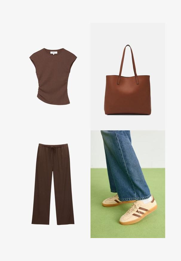 Top corto a maniche corte marrone a coste con orlo leggermente curvato. Texture morbida e vestibilità rilassata, presenta un collo rotondo e cuciture minime.; Pantaloni larghi marroni realizzati in tessuto morbido, con vita elastica e cordoncino, e due tasche laterali.; Sneakers beige con pannelli texturizzati crema e strisce marroni, abbinati a jeans in denim blu. I jeans hanno un taglio largo e orlo sfilacciato.; Borsa tote in pelle marrone con texture liscia, design con apertura superiore e due spallacci. Presenta cuciture minime e nessun hardware visibile.