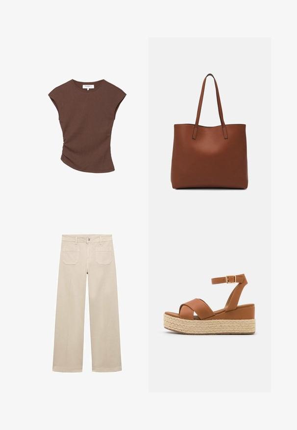 Hnedý rebrovaný top s krátkym rukávom a mierne zakriveným lemom. Mäkkučký materiál a voľný strih, s okrúhlym výstrihom a minimálnymi švami.; Béžové nohavice s širokými nohavicami vyrobené z bavlny. Majú zips, predný gombík a dve našité vrecká na chrbte. Čistý lem bez ozdôb.; Hnedé platformové sandále s tkanou jutovou základňou, širokými kríženými popruhmi a členkovým remienkom so zlatou prackou. Hladká kožená textúra.; Hnedá kožená taška na rameno s hladkou textúrou, otvoreným vrchom a dvoma ramenými popruhmi. Má minimálne šitia a žiadne viditeľné kovania.