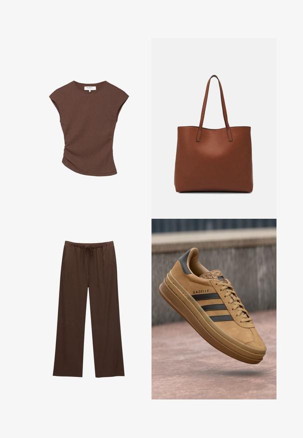 Bruine geribbelde t-shirt met korte mouwen en een licht gebogen zoom. Zachte textuur en een relaxte pasvorm, met een ronde halslijn en minimale naden.; Bruine wijde broek gemaakt van zachte stof, met een elastische tailleband en een trekkoord, en twee zijzakken.; Tansuede sneakers met een gladde textuur, voorzien van drie donkere strepen, een ronde neus en een dikkere zool met een gemarmerde rand.; Bruine leren tote bag met een gladde textuur, een ontwerp met een open bovenkant en twee schouderbanden. Kenmerkt zich door minimale stiksels en geen zichtbare hardware.