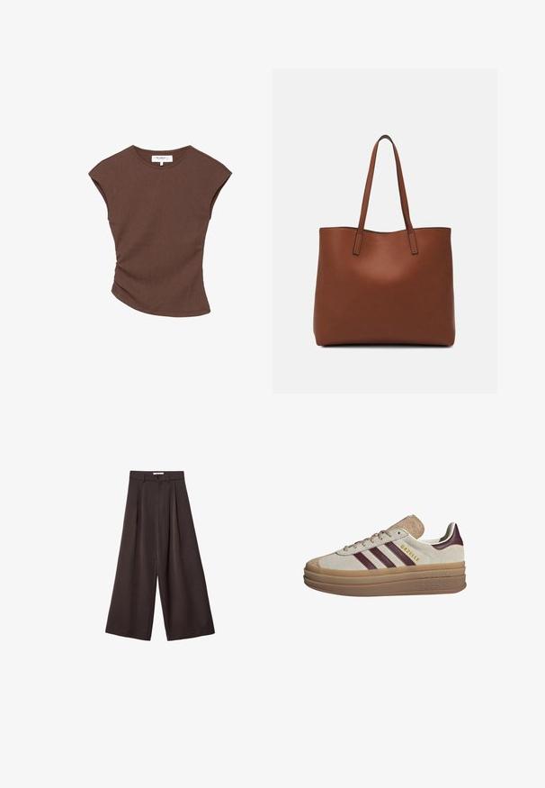 Brun ribbad kortärmad topp med en lätt rundad nederkant. Mjuk textur och avslappnad passform, med rund halsringning och minimala sömmar.; Svarta vida byxor med hög midja, med framveck och knäppning vid midjan, tillverkade av ett mjukt tyg.; Beige mockaskor med vinröda ränder, vita detaljer, en kraftig genomskinlig sula och upphöjd märkning på sidan. Snörningsdesign.; Brun läder tote-väska med en slät textur, öppen toppdesign och två axelremmar. Har minimal söm och ingen synlig metalldetalj.