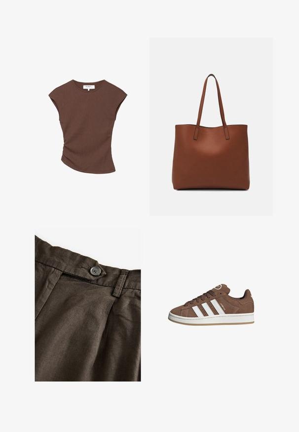 Brown ribbed short-sleeve top with a slightly curved hemline. Soft texture and relaxed fit, featuring a round neckline and minimal seams.; Brown linen trousers featuring a button closure, pleats at the front, and a textured fabric. The waistband is structured with visible stitching.; Brown suede sneakers with white leather stripes, rubber sole, rounded toe, and lace-up front. Features a logo on the tongue and perforated accents.; Brown leather tote bag with a smooth texture, open top design, and two shoulder straps. Features minimal stitching and no visible hardware.