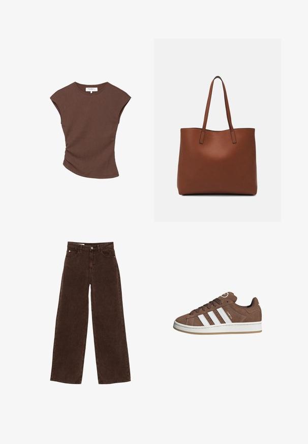 Top corto a maniche corte marrone a coste con orlo leggermente curvato. Texture morbida e vestibilità rilassata, presenta un collo rotondo e cuciture minime.; Pantaloni corduroy a gamba larga marroni con chiusura frontale a bottone e zip, passanti per cintura e design a cinque tasche.; Sneakers in suede marrone con strisce in pelle bianca, suola in gomma, punta rotonda e lacci. Presentano un logo sulla linguetta e dettagli perforati.; Borsa tote in pelle marrone con texture liscia, design con apertura superiore e due spallacci. Presenta cuciture minime e nessun hardware visibile.