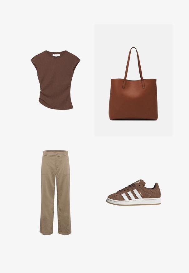 Bruine geribbelde t-shirt met korte mouwen en een licht gebogen zoom. Zachte textuur en een relaxte pasvorm, met een ronde halslijn en minimale naden.; Khaki wijde broek met rechte snit, gemaakt van textuurstof, met twee voorkruiszakken en een knoopsluiting in de taille.; Bruine suède sneaker met witte leren strepen, rubberen zool, ronde neus en vetersluiting. Kenmerkt zich door een logo op de tong en geperforeerde accenten.; Bruine leren tote bag met een gladde textuur, een ontwerp met een open bovenkant en twee schouderbanden. Kenmerkt zich door minimale stiksels en geen zichtbare hardware.