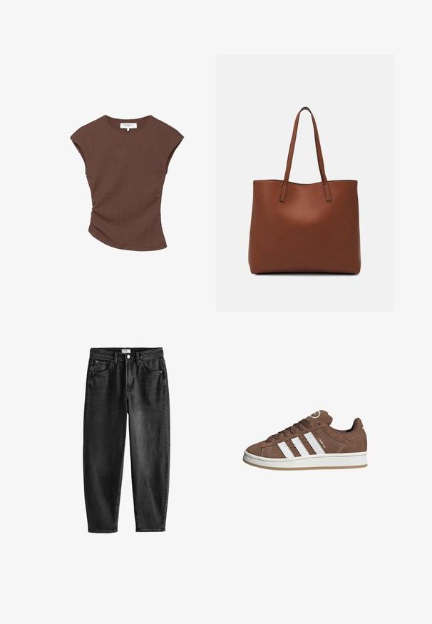 Bruine geribbelde t-shirt met korte mouwen en een licht gebogen zoom. Zachte textuur en een relaxte pasvorm, met een ronde halslijn en minimale naden.; Zwarte denim jeans met een rechte pasvorm, vijf zakken en knoopsluiting. Heeft een lichte vervaging en stikseldetails. Casual ontwerp.; Bruine suède sneaker met witte leren strepen, rubberen zool, ronde neus en vetersluiting. Kenmerkt zich door een logo op de tong en geperforeerde accenten.; Bruine leren tote bag met een gladde textuur, een ontwerp met een open bovenkant en twee schouderbanden. Kenmerkt zich door minimale stiksels en geen zichtbare hardware.
