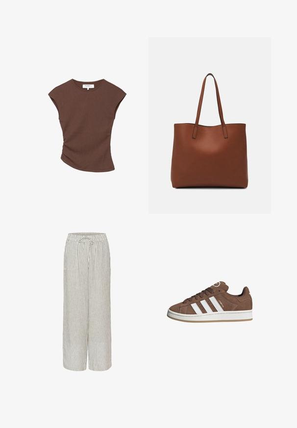 Brązowa krótką rękawą bluzka z prążkowanej tkaniny, z lekko zakrzywionym dołem. Miękka tekstura i luźny krój, z okrągłym dekoltem i minimalną ilością szwów.; Spodnie o szerokich nogawkach z mieszanki lnu w paski w odcieniach beżu i szarości. Posiadają elastyczny pas z dodatkowym sznurkiem oraz dwie przednie kieszenie.; Brązowe zamszowe sneakersy z białymi skórzanymi paskami, gumową podeszwą, zaokrąglonym noskiem i sznurowanym przodem. Posiadają logo na języku i perforowane akcenty.; Brązowa skórzana torba tote o gładkiej fakturze, z otwartym wierzchem i dwoma ramiączkami. Charakteryzuje się minimalnym przeszyciem i brakiem widocznych elementów metalowych.
