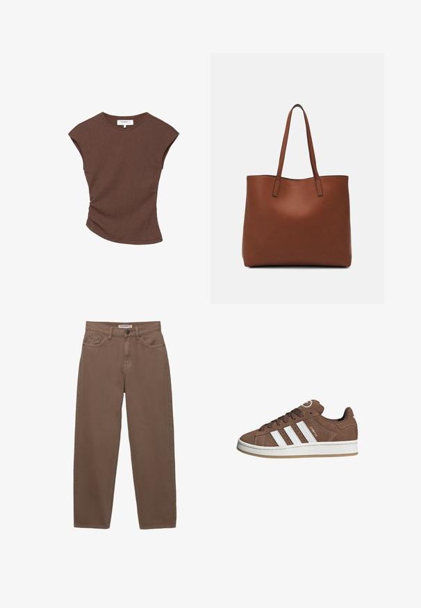 Brązowa krótką rękawą bluzka z prążkowanej tkaniny, z lekko zakrzywionym dołem. Miękka tekstura i luźny krój, z okrągłym dekoltem i minimalną ilością szwów.; Brązowe spodnie dżinsowe z bawełny o luźnym kroju, pięcioma kieszeniami i rozporkiem na zamek. Charakteryzują się delikatną teksturą i klasycznymi detalami szycia.; Brązowe zamszowe sneakersy z białymi skórzanymi paskami, gumową podeszwą, zaokrąglonym noskiem i sznurowanym przodem. Posiadają logo na języku i perforowane akcenty.; Brązowa skórzana torba tote o gładkiej fakturze, z otwartym wierzchem i dwoma ramiączkami. Charakteryzuje się minimalnym przeszyciem i brakiem widocznych elementów metalowych.