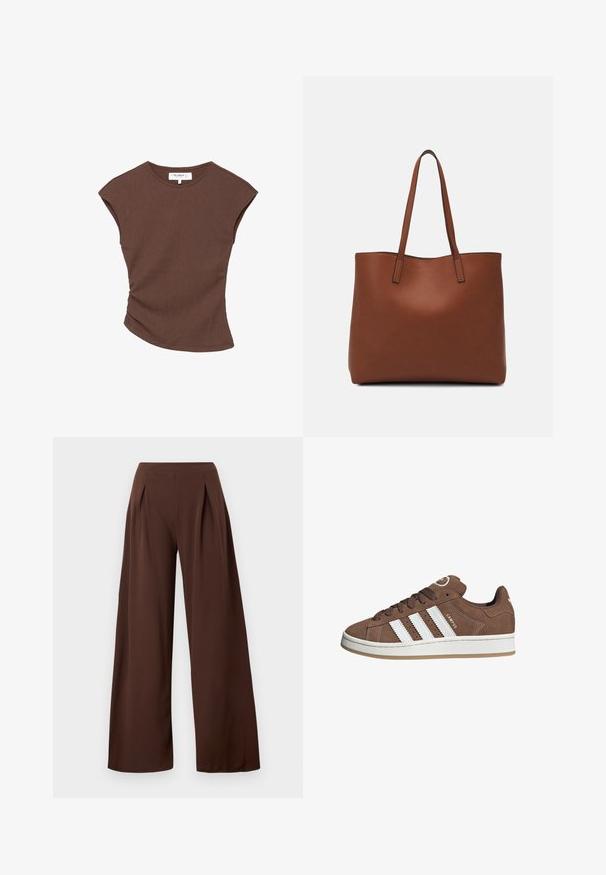Smeđi rebrasti top kratkih rukava s lagano zakrivljenim rubom. Mekana tekstura i opušteni kroj, s okruglim izrezom i minimalnim šavovima.; Hlače širokih nogavica od tamnosmeđeg materijala, s visokim strukom, prednjim naborima i glatkom teksturom. Pogodne za različite prilike.; Smeđe nubuk tenisice s bijelim kožnim prugama, gumeni potplat, okrugli nos i vezanje sprijeda. Imaju logo na jeziku i perforirane detalje.; Smeđa kožna torba preko ramena s glatkom teksturom, otvorenim vrhom i dvjema naramenicama. Ima minimalne šavove i nema vidljivog hardvera.