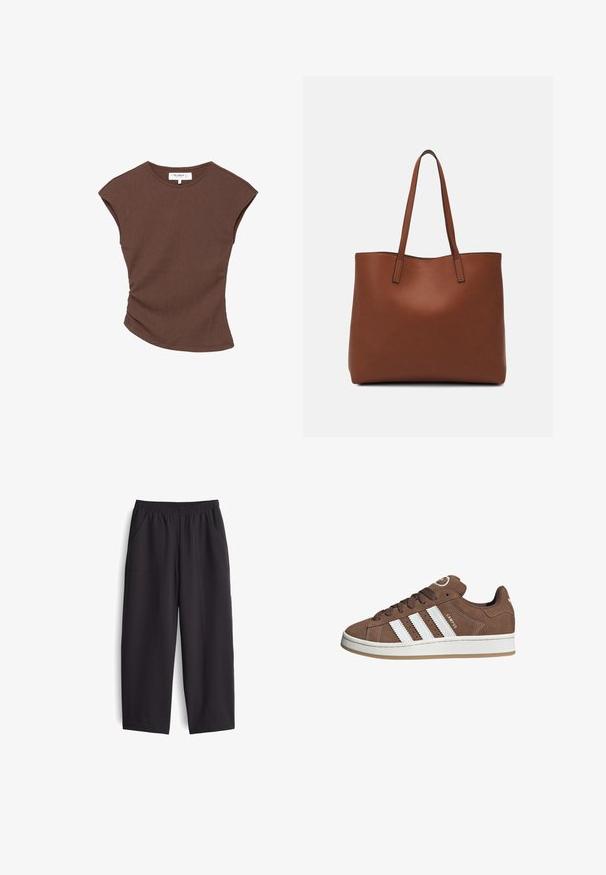Top corto a maniche corte marrone a coste con orlo leggermente curvato. Texture morbida e vestibilità rilassata, presenta un collo rotondo e cuciture minime.; Pantaloni neri a gamba larga realizzati in tessuto liscio. Presentano un elastico in vita e due tasche laterali, con dettagli di cucitura visibili.; Sneakers in suede marrone con strisce in pelle bianca, suola in gomma, punta rotonda e lacci. Presentano un logo sulla linguetta e dettagli perforati.; Borsa tote in pelle marrone con texture liscia, design con apertura superiore e due spallacci. Presenta cuciture minime e nessun hardware visibile.