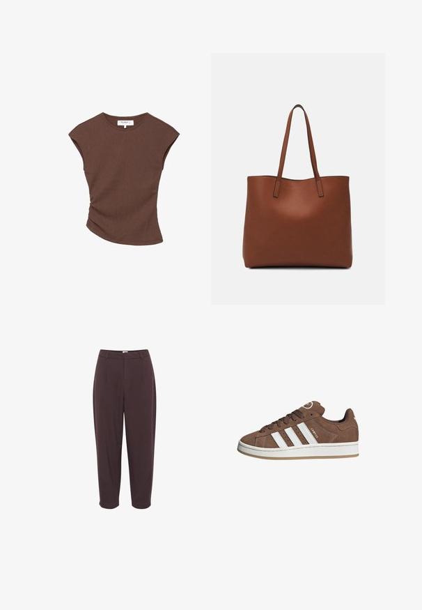 Smeđi rebrasti top kratkih rukava s lagano zakrivljenim rubom. Mekana tekstura i opušteni kroj, s okruglim izrezom i minimalnim šavovima.; Tamno smeđe hlače s visokim strukom, opuštenog kroja, s nabranim prednjim dijelom i suženim nogavicama, koje imaju glatku teksturu i bez vidljivih dodataka.; Smeđe nubuk tenisice s bijelim kožnim prugama, gumeni potplat, okrugli nos i vezanje sprijeda. Imaju logo na jeziku i perforirane detalje.; Smeđa kožna torba preko ramena s glatkom teksturom, otvorenim vrhom i dvjema naramenicama. Ima minimalne šavove i nema vidljivog hardvera.