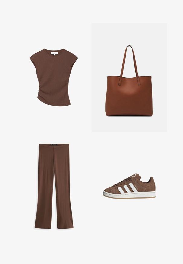 Haut court à manches courtes de couleur marron avec un ourlet légèrement arrondi. Texture douce et coupe décontractée, présentant un col rond et des coutures minimales.; Pantalons évasés marron en tissu extensible avec une texture lisse et une taille élastique. Pas de motifs ni de matériel visible. Design simple, longueur complète.; Baskets en daim marron avec des bandes en cuir blanc, semelle en caoutchouc, bout arrondi et lacets. Comprend un logo sur la languette et des accents perforés.; Sac fourre-tout en cuir marron avec une texture lisse, design à ouverture supérieure et deux poignées pour le porter à l'épaule. Présente des coutures minimales et aucun matériel visible.