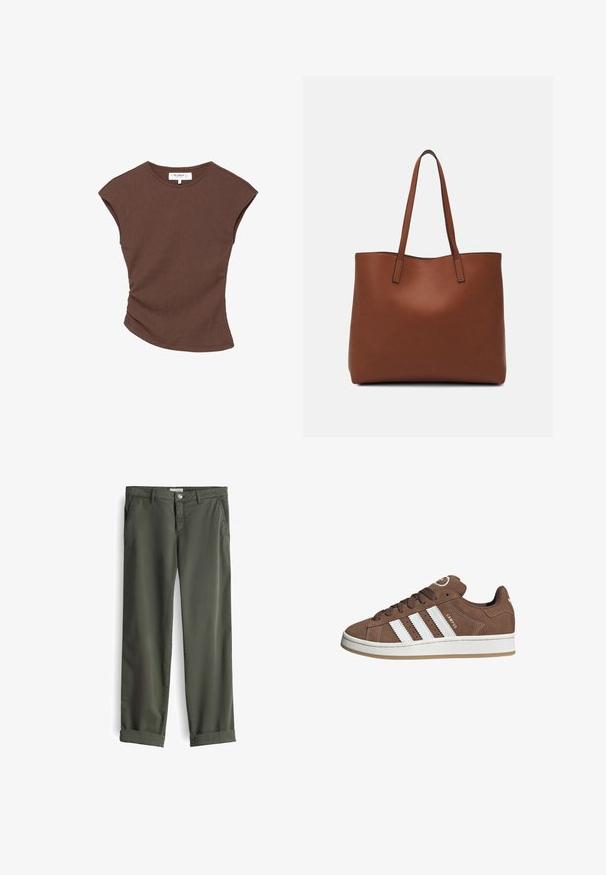 Bruine geribbelde t-shirt met korte mouwen en een licht gebogen zoom. Zachte textuur en een relaxte pasvorm, met een ronde halslijn en minimale naden.; Olijfgroene katoenen broek met rechte pijpen, met zijzakken en opgerolde manchetten, voorzien van een metalen knop en ritssluiting.; Bruine suède sneaker met witte leren strepen, rubberen zool, ronde neus en vetersluiting. Kenmerkt zich door een logo op de tong en geperforeerde accenten.; Bruine leren tote bag met een gladde textuur, een ontwerp met een open bovenkant en twee schouderbanden. Kenmerkt zich door minimale stiksels en geen zichtbare hardware.