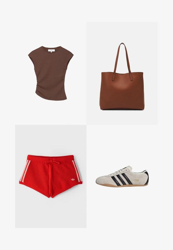 Barna bordázott, rövid ujjú felső enyhén ívelt szegéllyel. Puha tapintású és laza fazonú, kerek nyakkivágással és minimális varrásokkal.; Piros kötött rövidnadrág bordás derékpánttal, húzózsinórral és fehér oldalcsíkokkal. A bal elülső részen egy kis fehér logó található.; Suede sportcipő szürke felsőrésszel, fekete csíkokkal és gumiból készült talppal. Fűzős záródással és arany logó részlettel rendelkezik az oldalon.; Barna bőr vászontáska sima textúrával, nyitott tetejű dizájnnal és két vállpánttal. Minimális varrással és látható hardver nélkül készült.