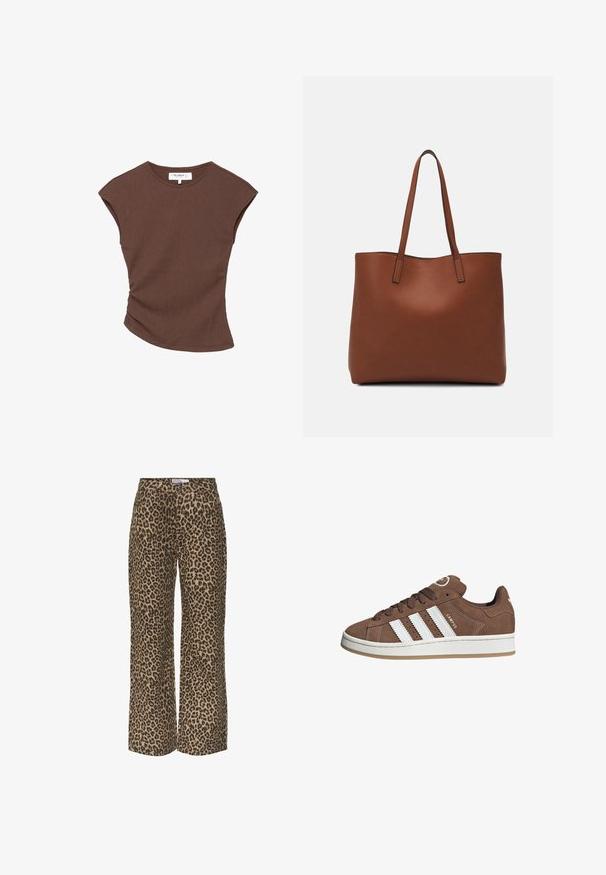 Hnedý rebrovaný top s krátkym rukávom a mierne zakriveným lemom. Mäkkučký materiál a voľný strih, s okrúhlym výstrihom a minimálnymi švami.; Klasické nohavice s širokými nohavicami v leopardom vzore v béžovo-čiernej farebnej kombinácii, s klasickým pásom a voľným, neformálnym strihom.; Hnedé semišové tenisky s bielymi koženými pruhmi, gumovou podrážkou, okrúhlou špičkou a šnurovaním. Obsahujú logo na jazyku a perforované akcenty.; Hnedá kožená taška na rameno s hladkou textúrou, otvoreným vrchom a dvoma ramenými popruhmi. Má minimálne šitia a žiadne viditeľné kovania.