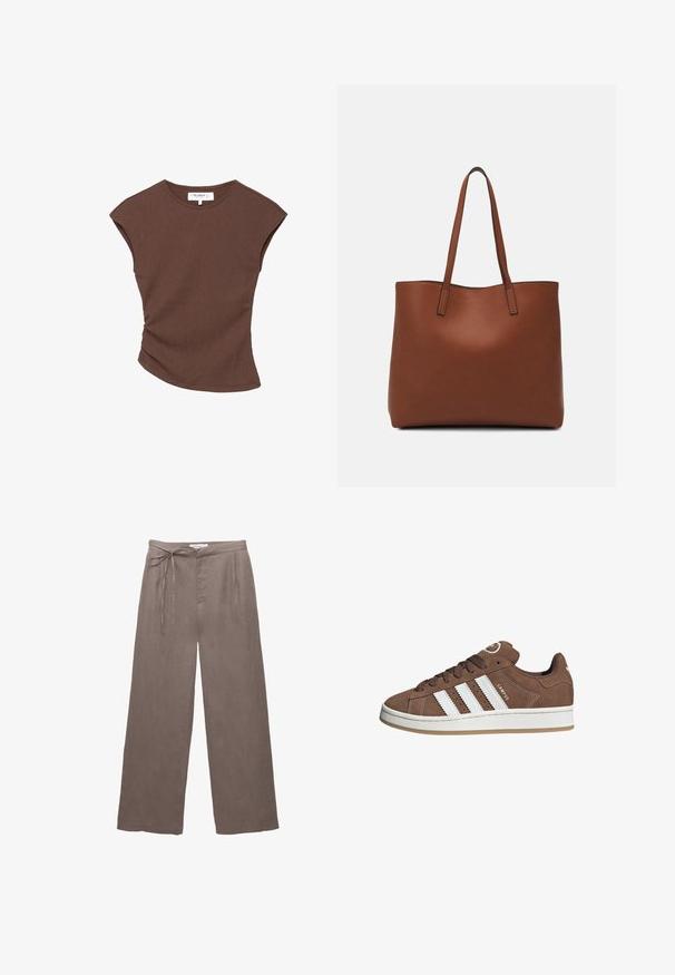 Hnědý žebrovaný top s krátkým rukávem a mírně zakřiveným spodním okrajem. Měkká textura a volný střih, který zahrnuje kulatý výstřih a minimální švy.; Hnědé lněné kalhoty širokého střihu s páskem na stažení, s dvěma bočními kapsami a měkkou strukturou. Jednoduchý a nezdobený design.; Hnědé semišové tenisky s bílými koženými pruhy, gumovou podrážkou, kulatou špičkou a šněrováním vpředu. Mají logo na jazyku a perforované detaily.; Hnědá kožená taška přes rameno s hladkou texturou, otevřeným designem a dvěma ramenními popruhy. Obsahuje minimální švy a žádné viditelné kovové prvky.
