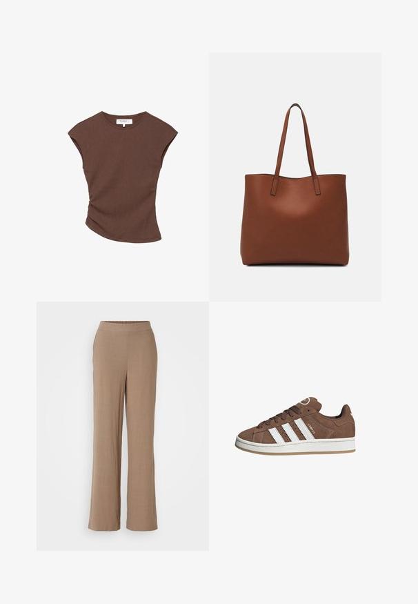 Hnedý rebrovaný top s krátkym rukávom a mierne zakriveným lemom. Mäkkučký materiál a voľný strih, s okrúhlym výstrihom a minimálnymi švami.; Svetlohnedé nohavice s širokými nohavicami, hladkým povrchom a elastickým pásom. Žiadne viditeľné vzory alebo detaily hardvéru.; Hnedé semišové tenisky s bielymi koženými pruhmi, gumovou podrážkou, okrúhlou špičkou a šnurovaním. Obsahujú logo na jazyku a perforované akcenty.; Hnedá kožená taška na rameno s hladkou textúrou, otvoreným vrchom a dvoma ramenými popruhmi. Má minimálne šitia a žiadne viditeľné kovania.